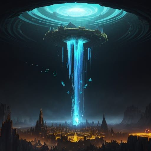 Massive Underground Fantasy City with Fortress and Glowing C...