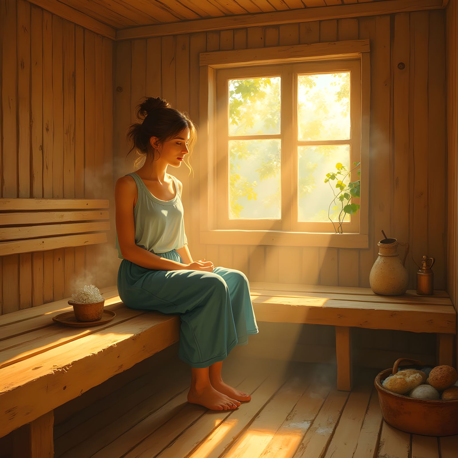 Cozy Sauna Bathed in Golden Light: Naive Art
