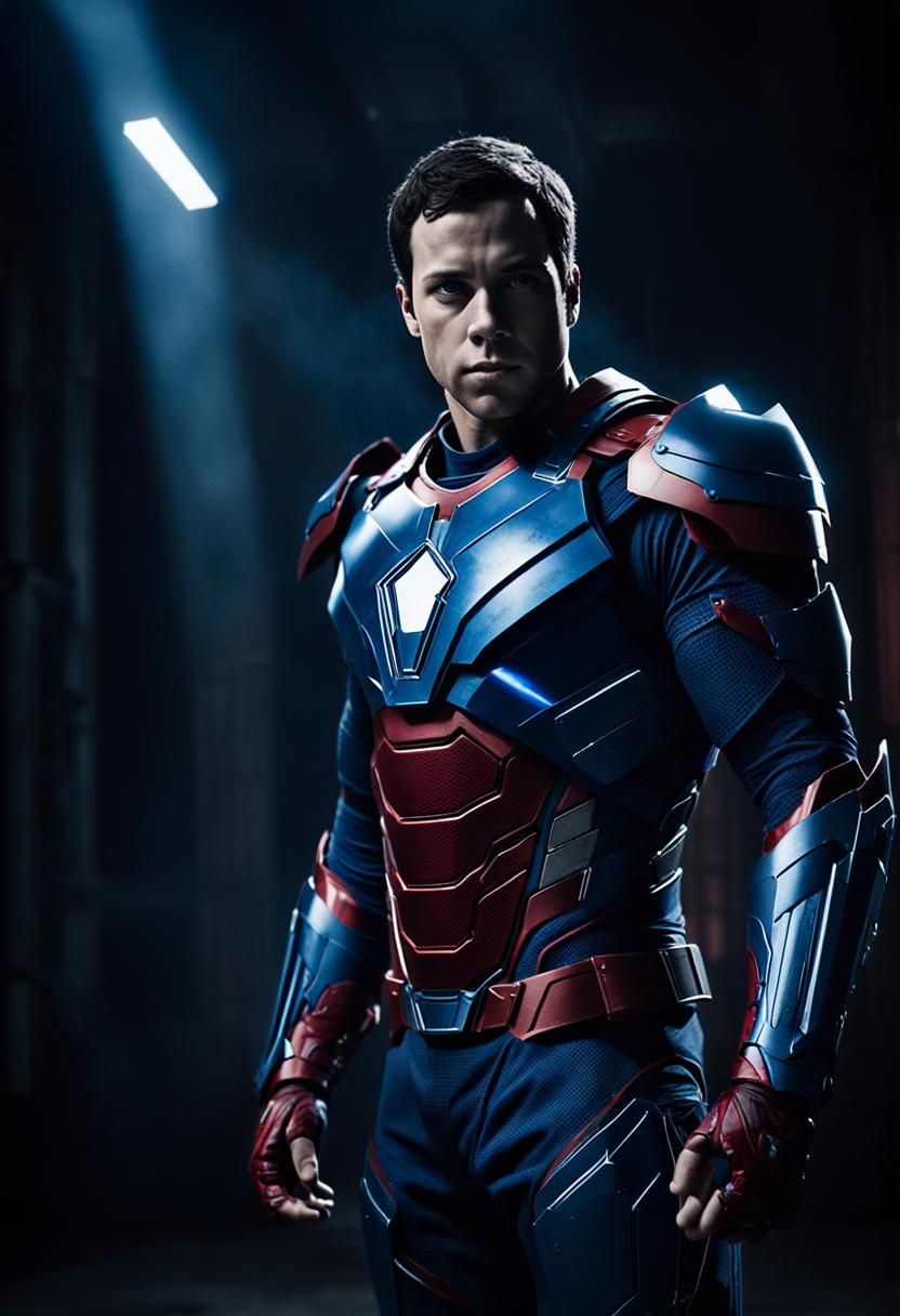 Vigilante Superhero in Blue Armor, Cinematic Comic Art