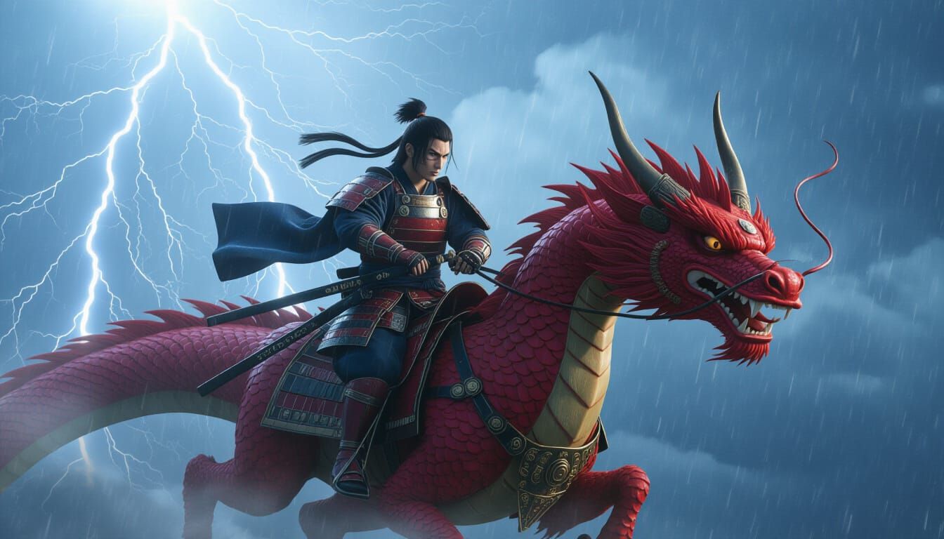 Samurai Hero Rides Red Dragon in Hyperrealistic Style