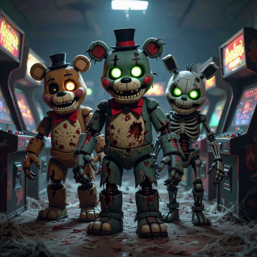 Grotesque Animatronic Zombie Fusion in Dark Arcade