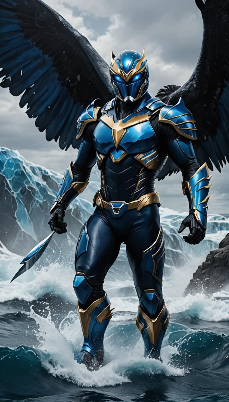 Photorealistic full body portrait of an Empoleon-Inspired Power Ranger, featuring a sleek metallic blue and white suit w...