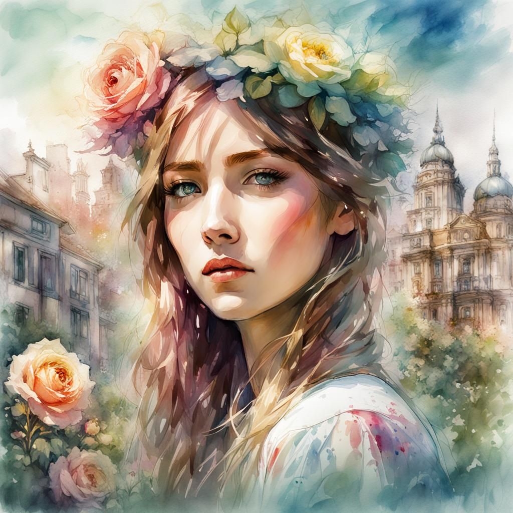 Portrait, City girl in a Rosegarden