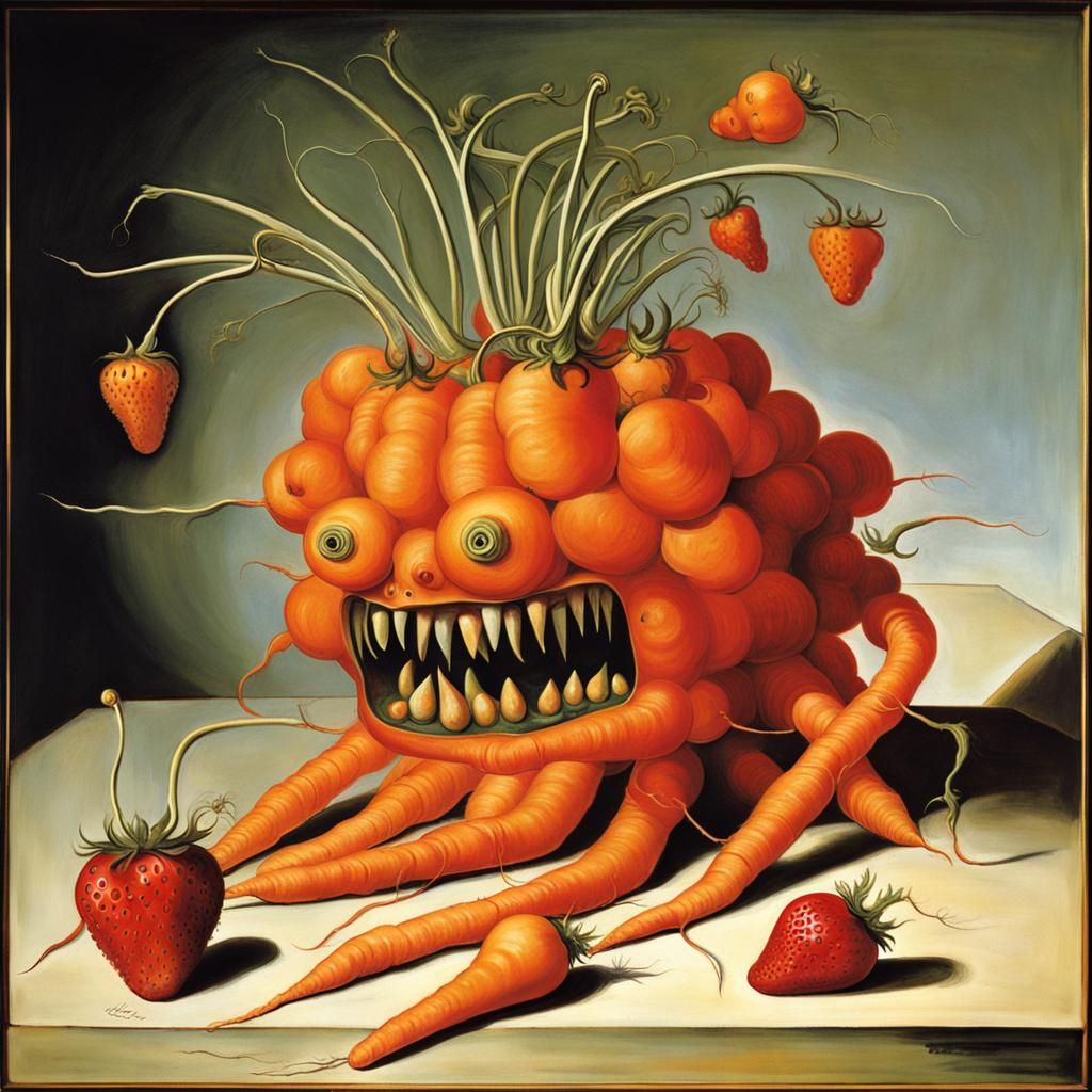 Surreal Strawberry Carrot Monster in Dali Style