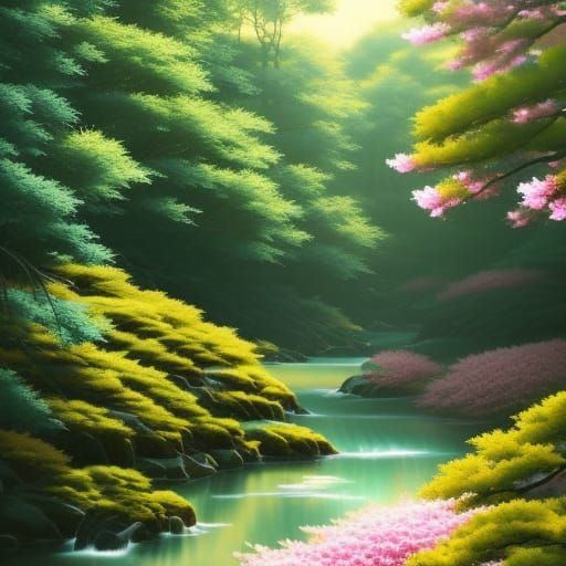 Anime Forest with Pink Blossoms