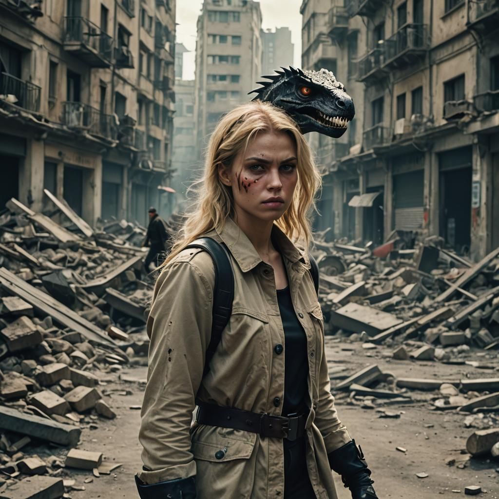 Beautiful Blonde Demon in War-Torn City: Cinematic Still