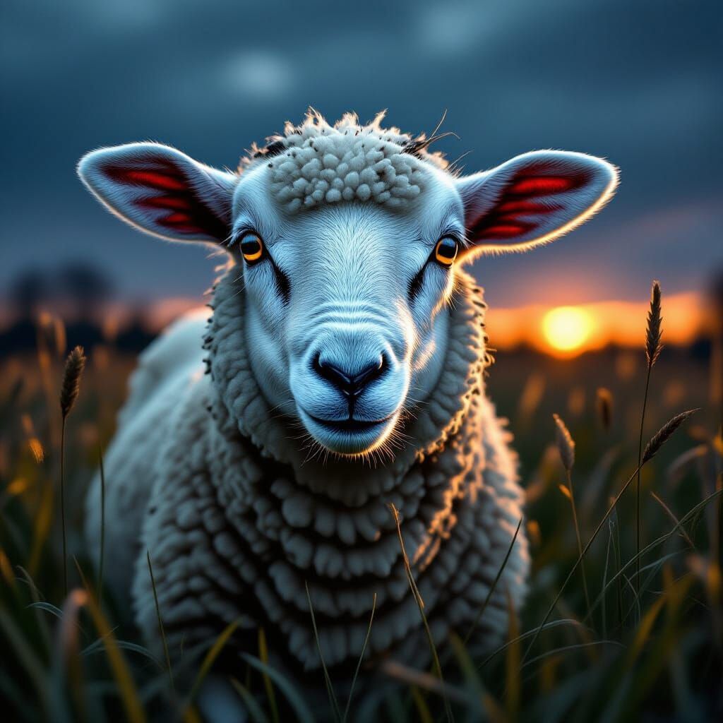 Distressed Lamb in Ominous Field: Hyperrealistic Image