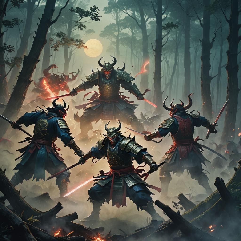 Samurai Warriors Battle Oni Demon in Misty Forest