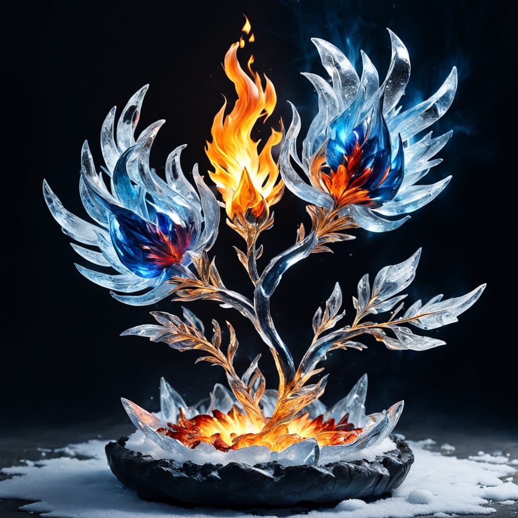 Frozen Fire Phoenix Rises From Ice Flower Sculpture