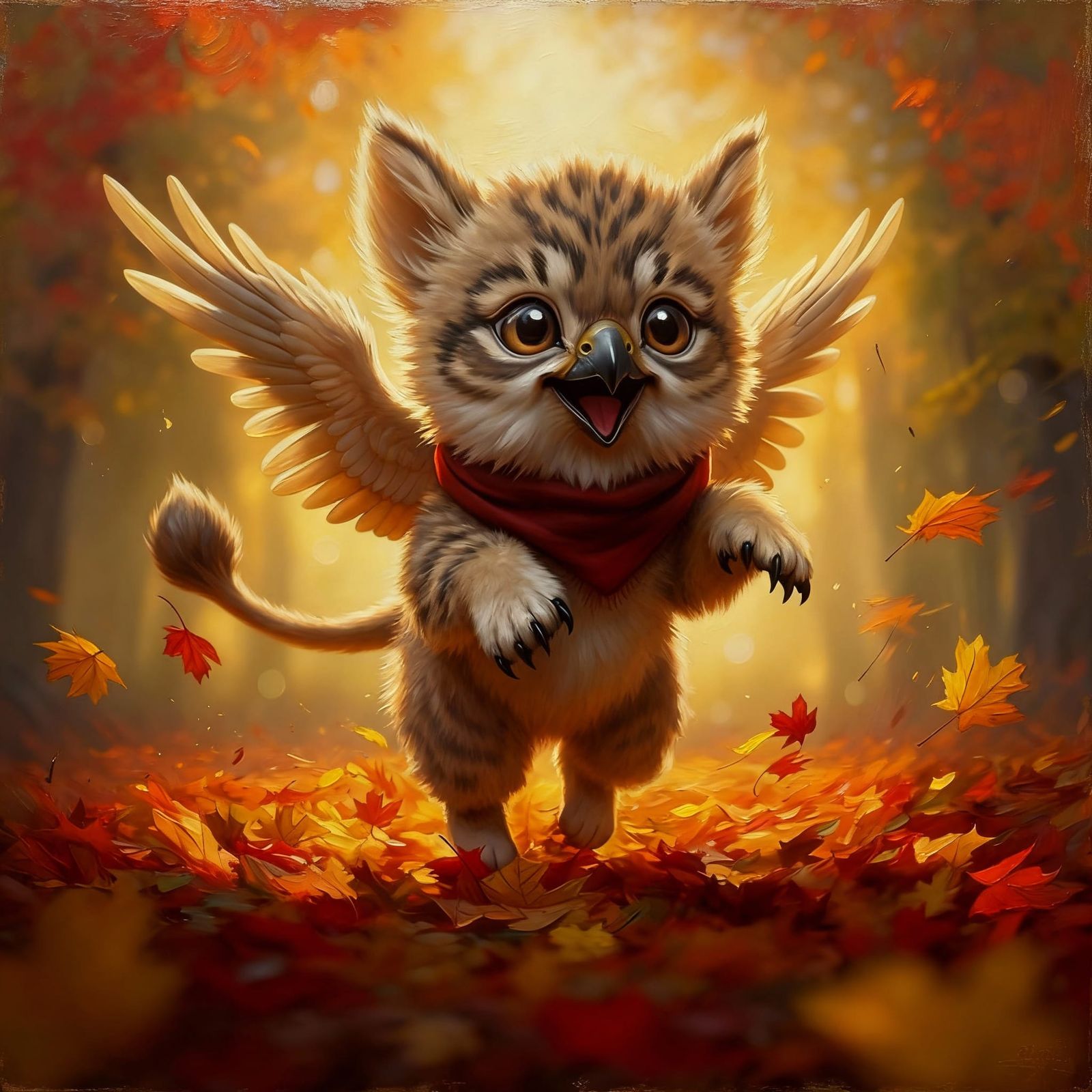 Fluffy Griffin Cub Leaping Into Autumn Leaves