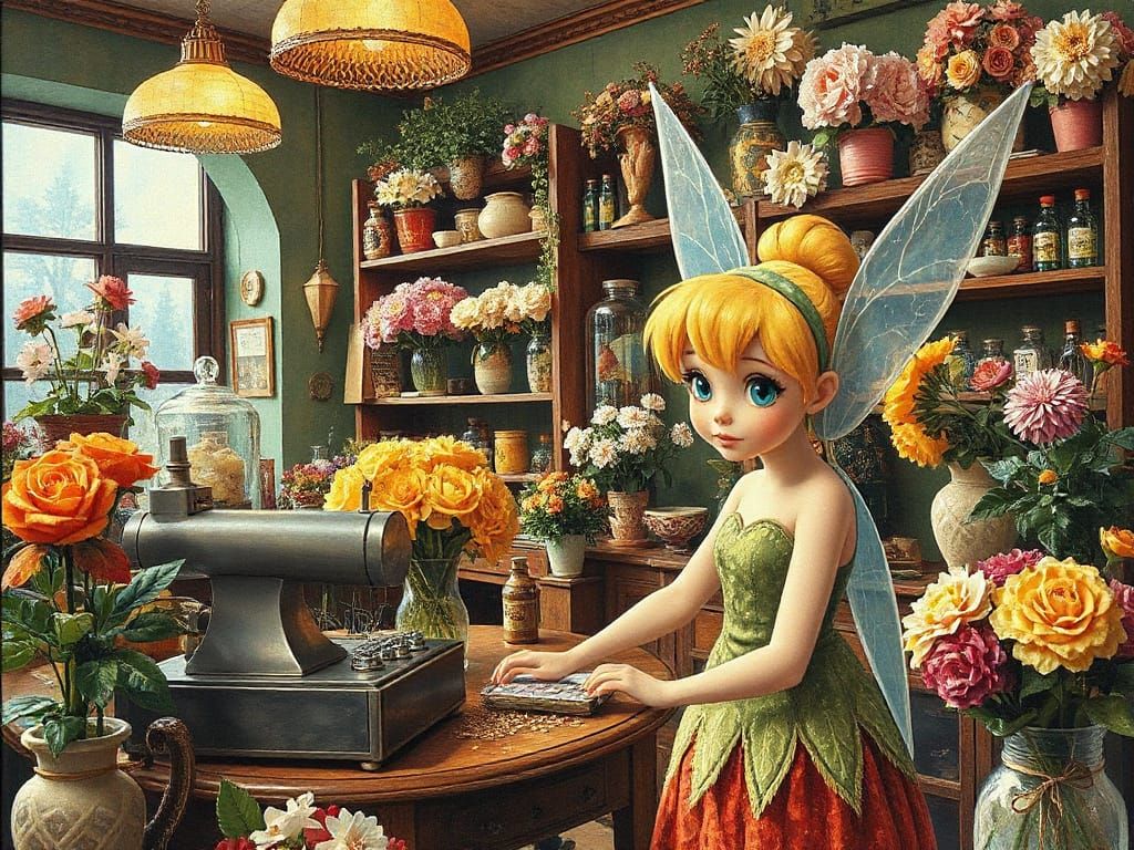 Whimsical Florist Shop Scene in Dreamlike Patchwork Style