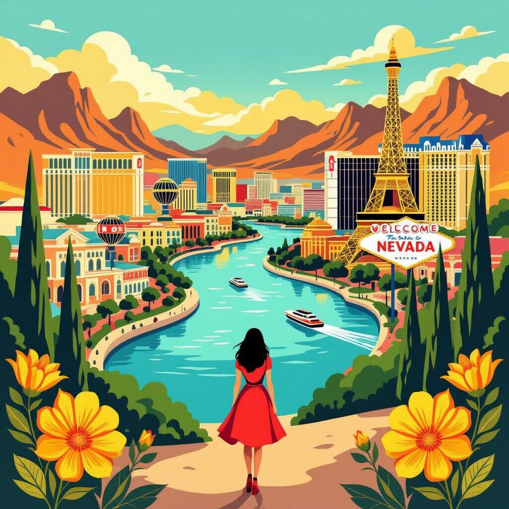 Nevada Landscape with Las Vegas Cityscape, Colorful Illustra...