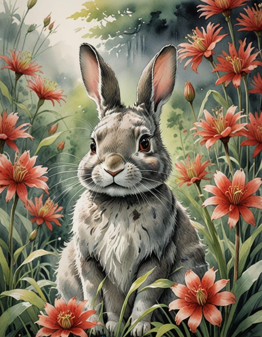 Whimsical Rabbit Amidst Red Spider Lilies in Dreamy Monochro...