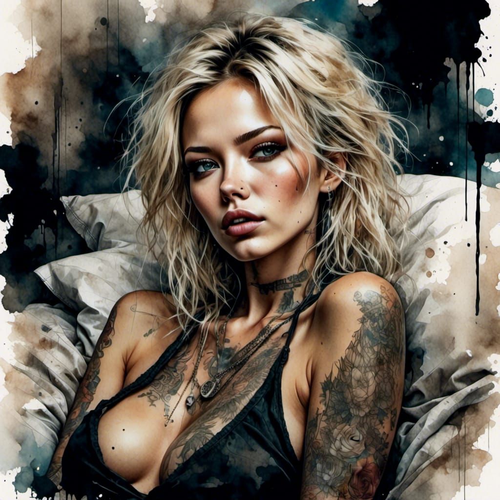 Blonde Woman in Bed as Grunge Watercolor