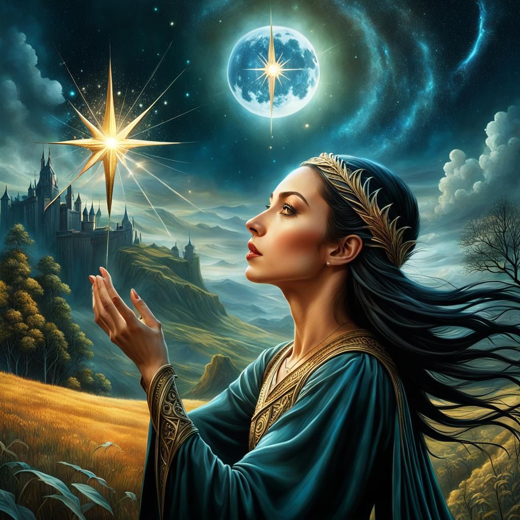 Elven Woman Catches Star in Fantasy Landscape