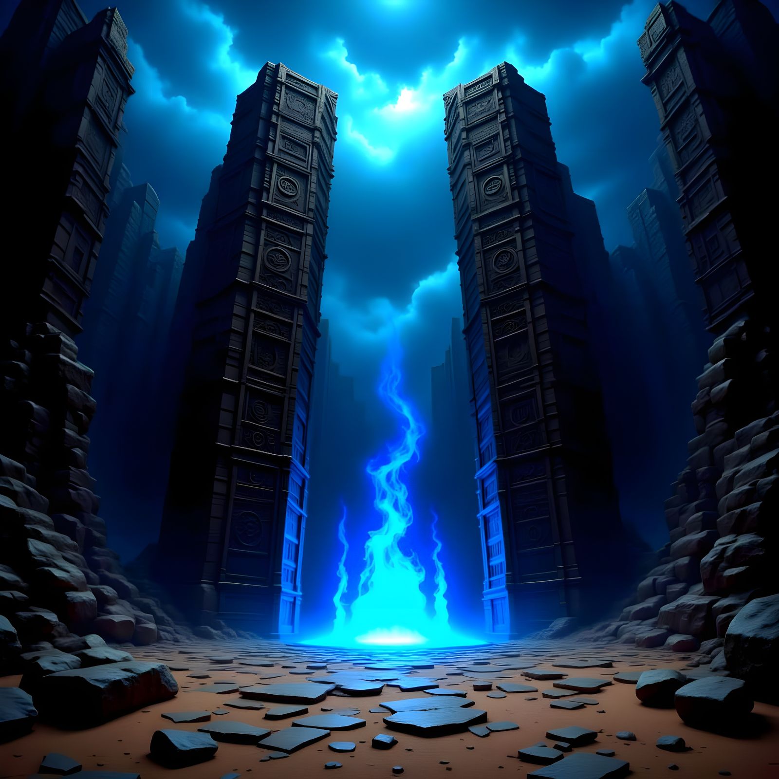 Ancient Stone Gateway with Blue Fire in High Fantasy Style