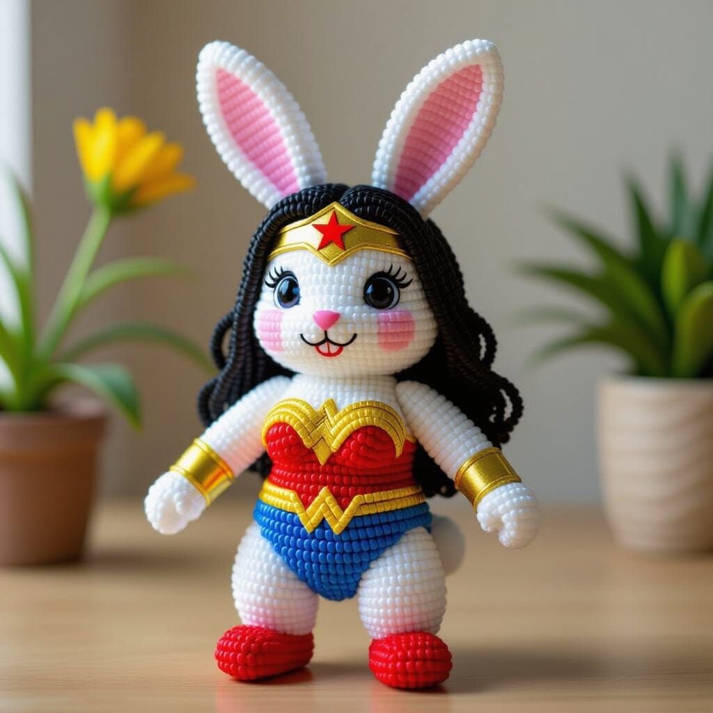 Beaded Wonder Woman Rabbit Figurine
