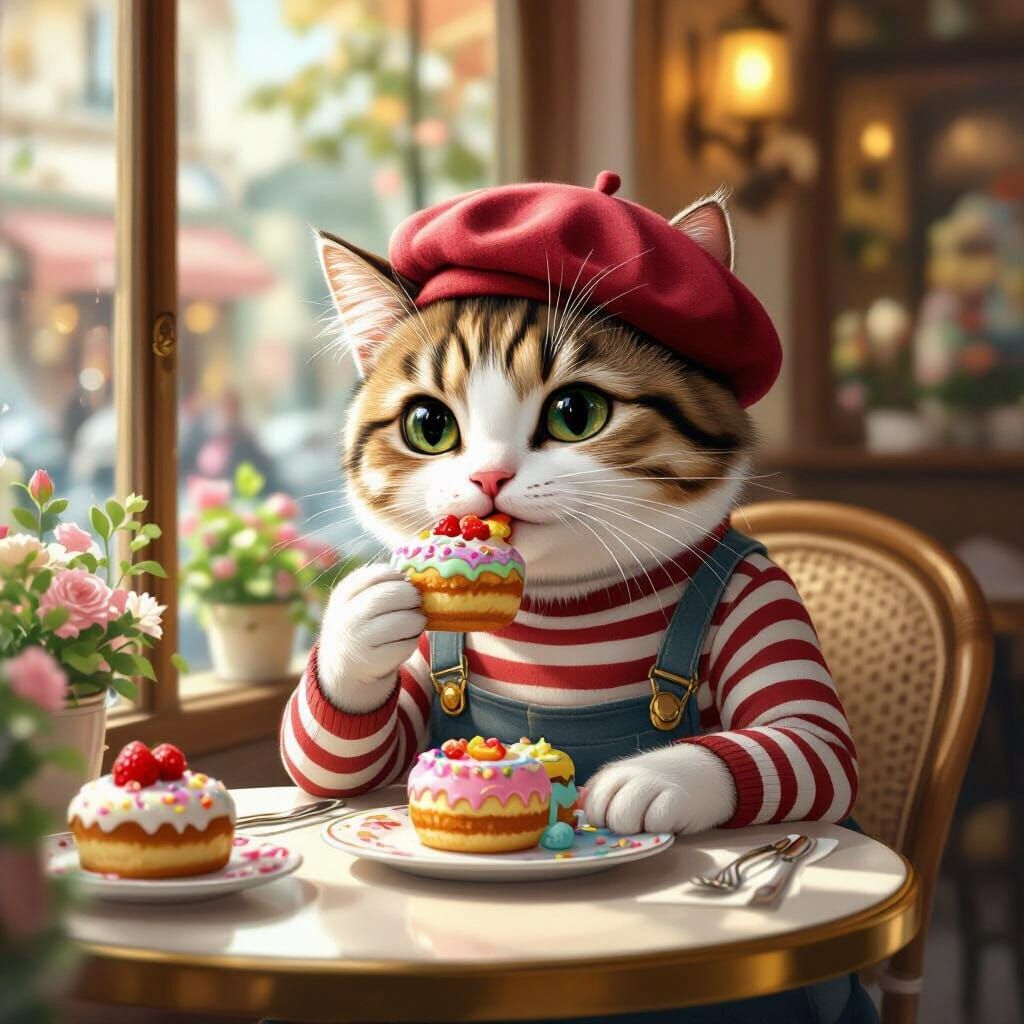 Cat Enjoying Desserts in Parisian Cafe