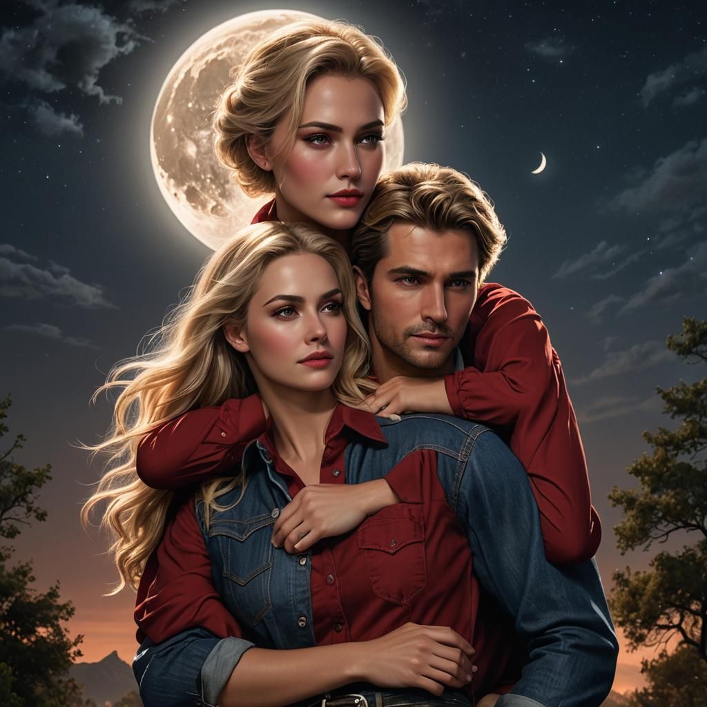 Romantic Portrait of Woman and Man Under Moon