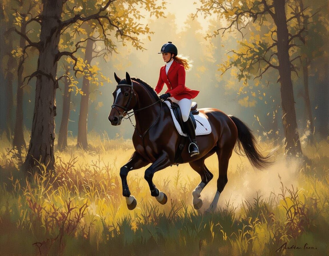Impressionistic Oil Painting of Horseback Rider in Forest