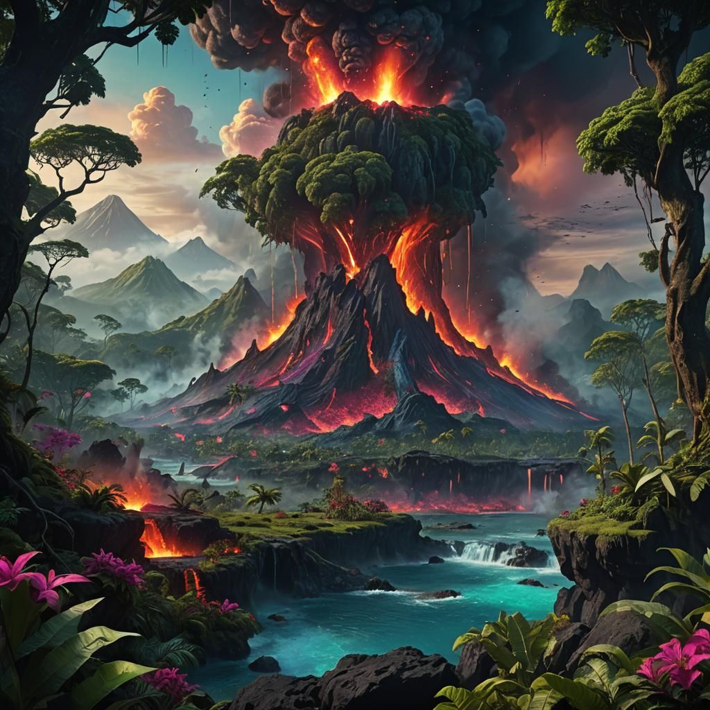 Volcano Eruption on Jungle Island: Fantasy Matte Painting
