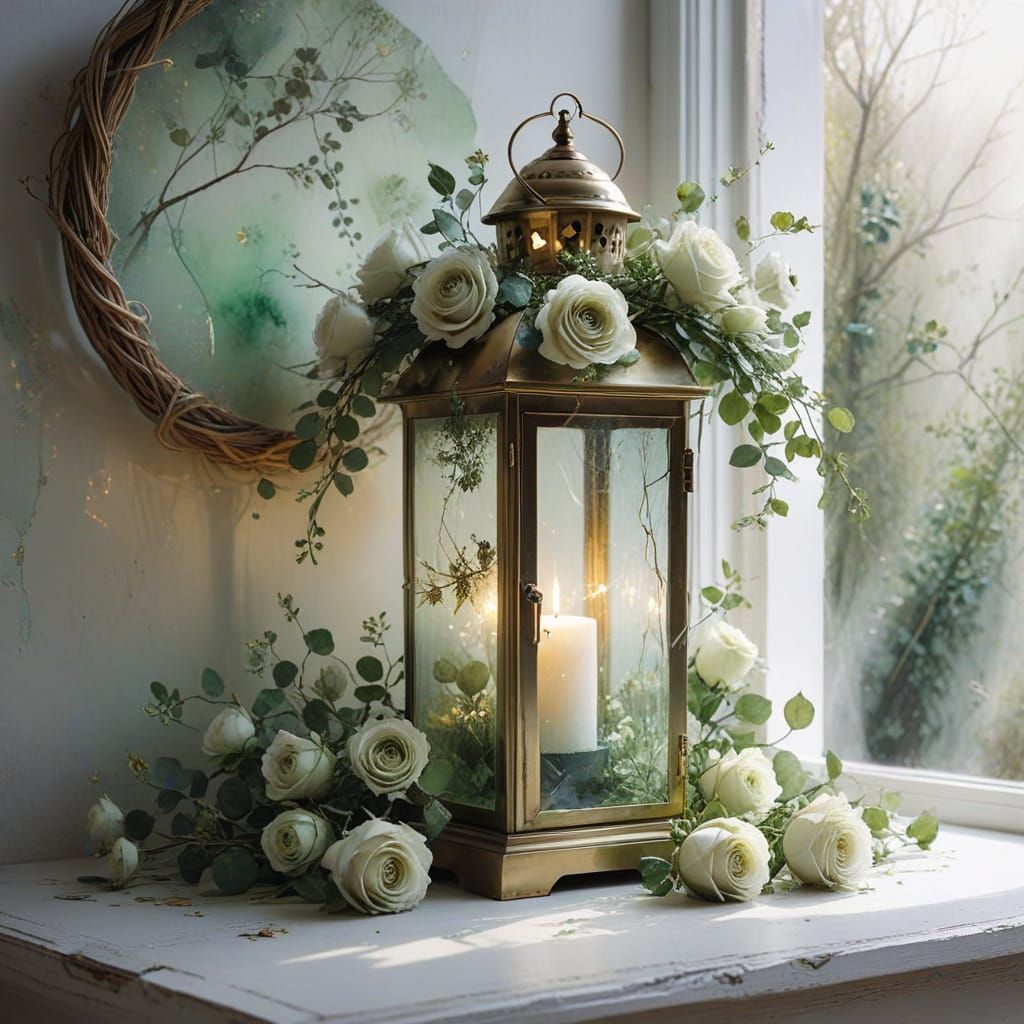 Ethereal Lantern with Rose Wreath in Watercolour Style