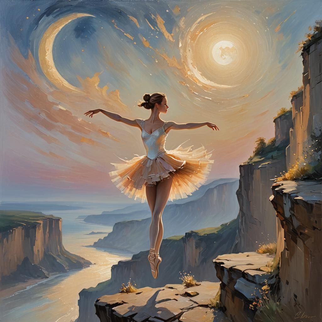 Ballerina at Earth's Edge in Impressionist Style