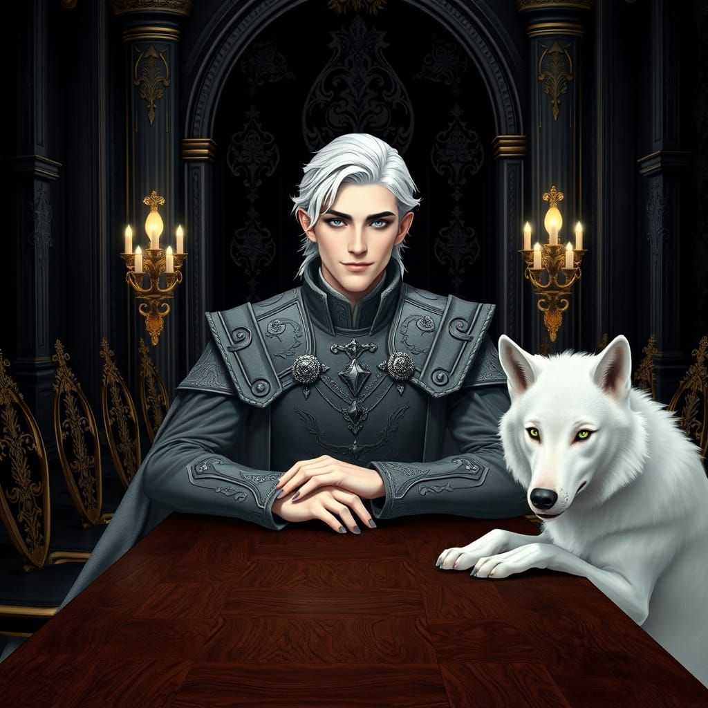 Wolfie and White at the dining table (error)