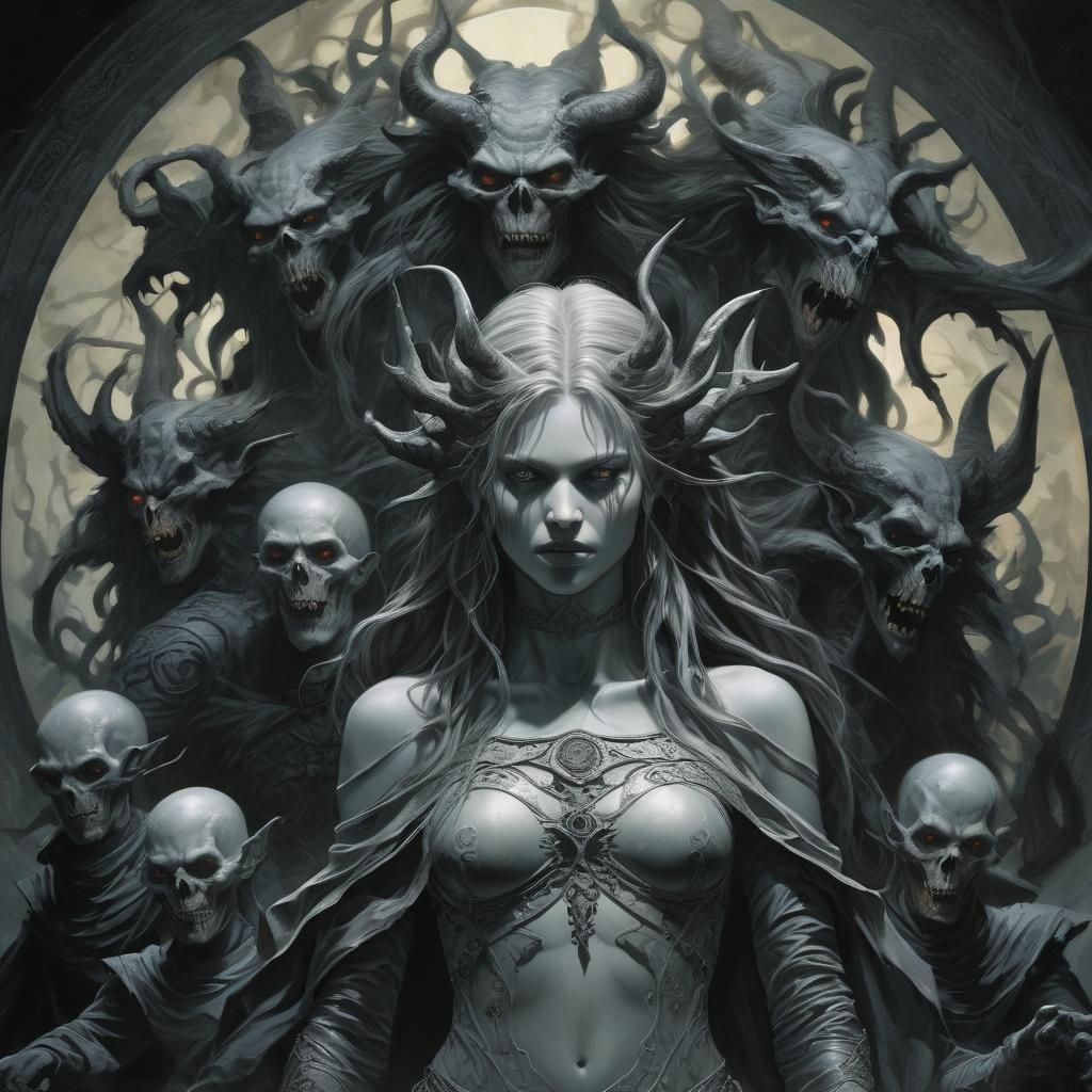 Beautiful Demon Malice Surrounded by Twisted Figures in Dark...