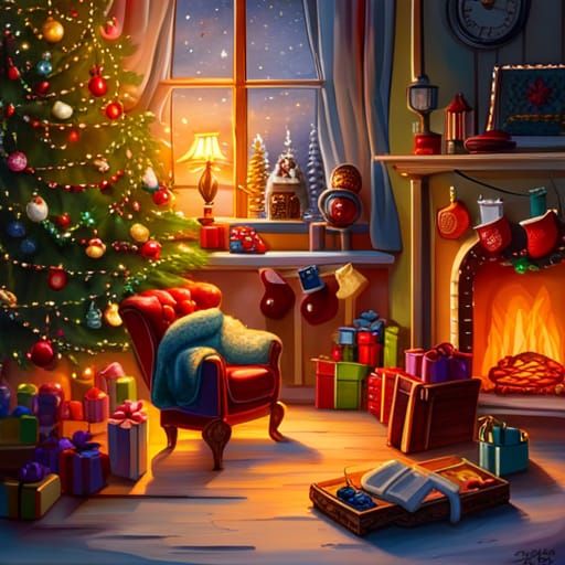Cozy Christmas Miniature Scene with Fireplace