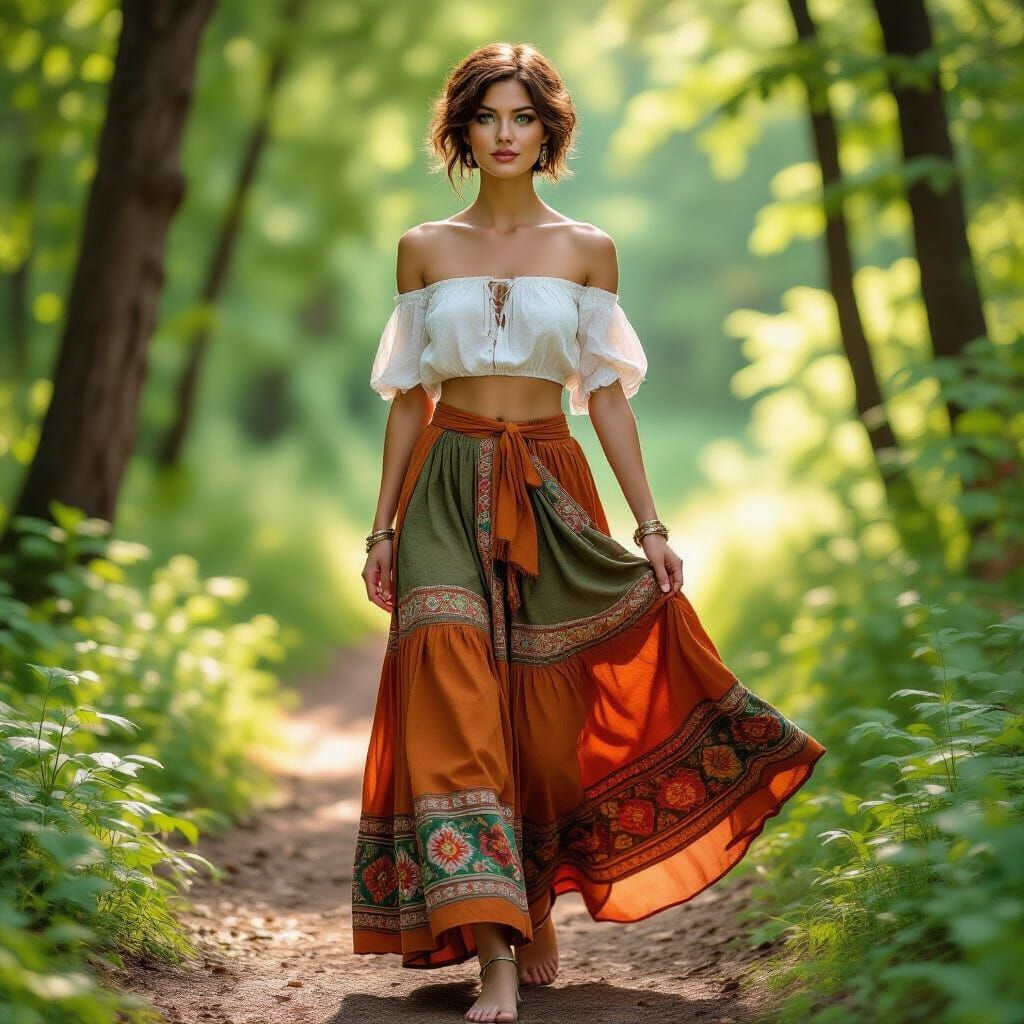 Bohemian Woman in Sun-Dappled Forest Clearing