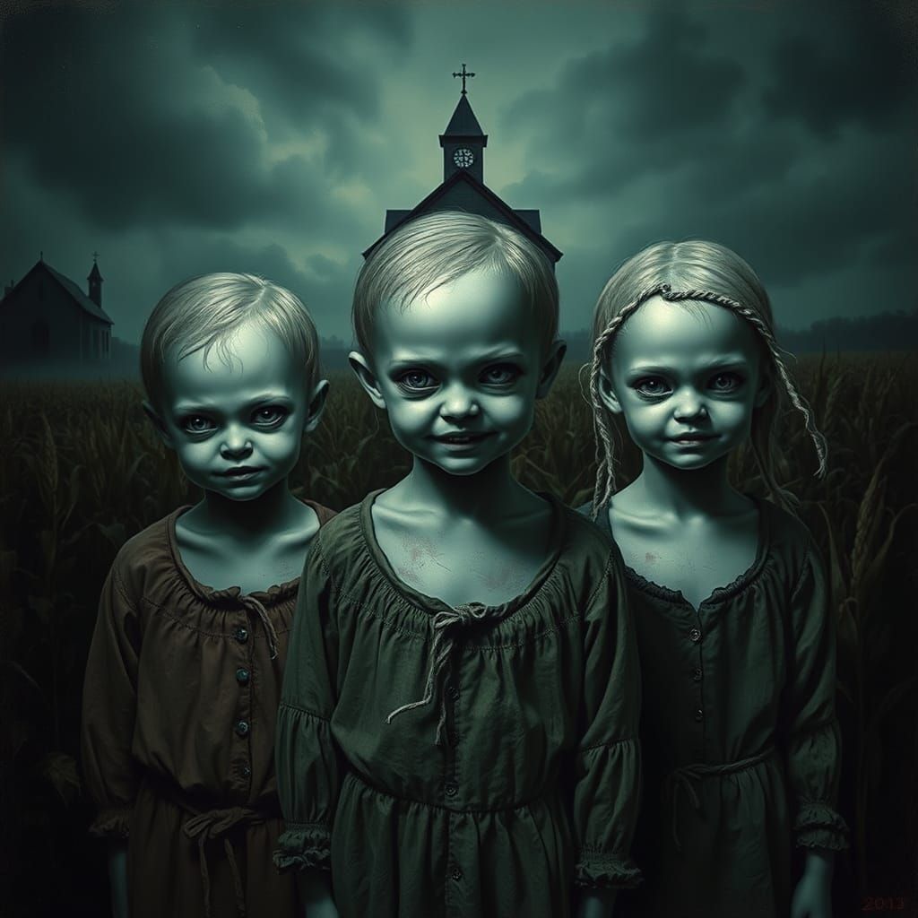Eerie Children in Gothic Horror Landscape