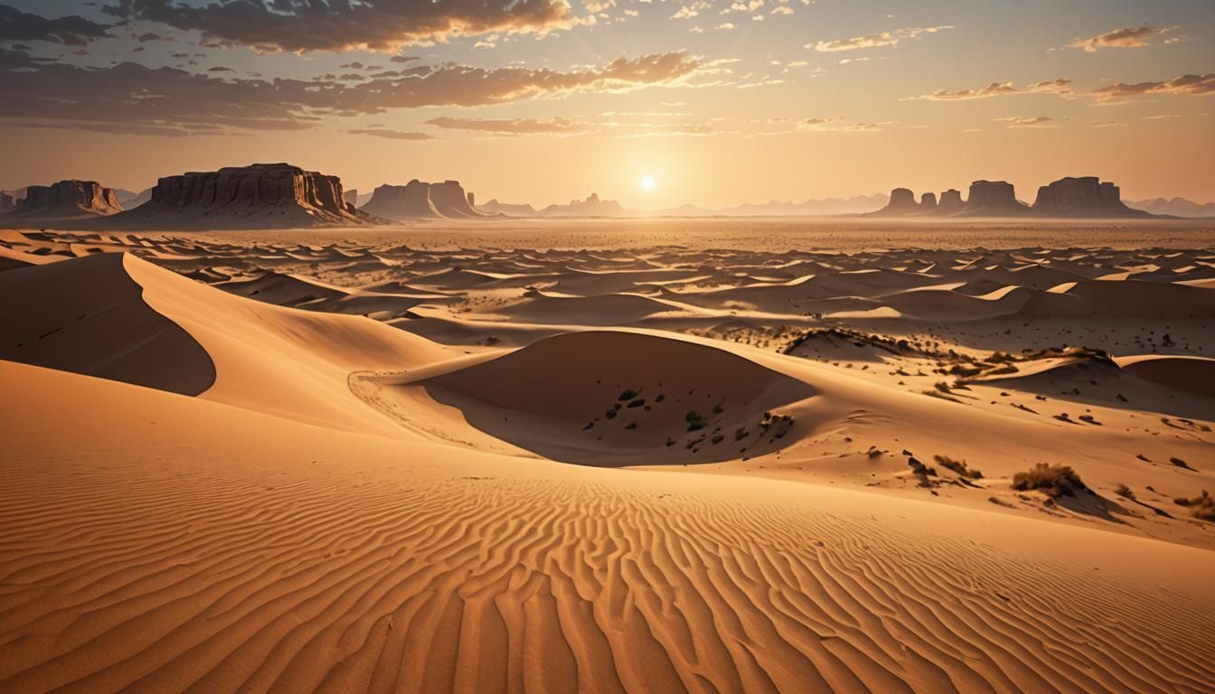 Golden Desert Dunes at Sunset: Digital Art Landscape