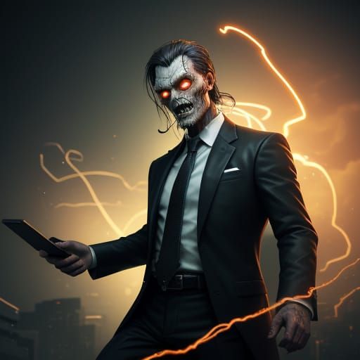 Epic Zombie in a Suit Surrounded by Memos and Office Phones