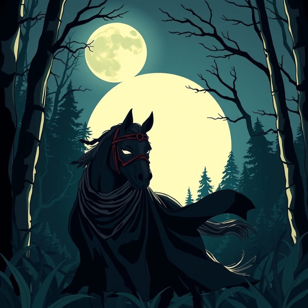 Ninja Horse in Moonlit Forest, Digital Art