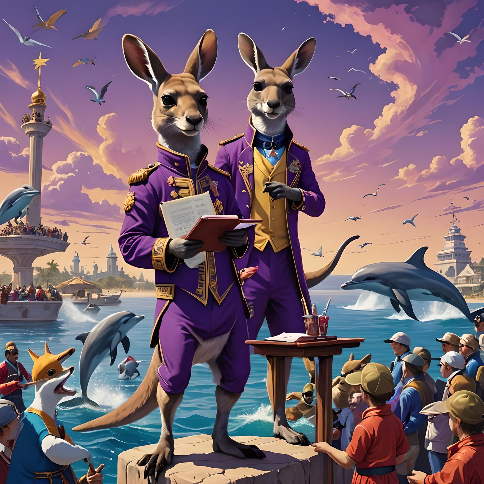 a small purple kangaroo standing upright, holding a lectern....