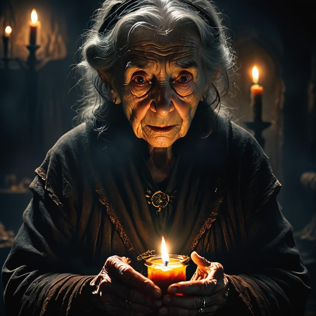 Mysterious Elderly Witch in a Shadowy Room