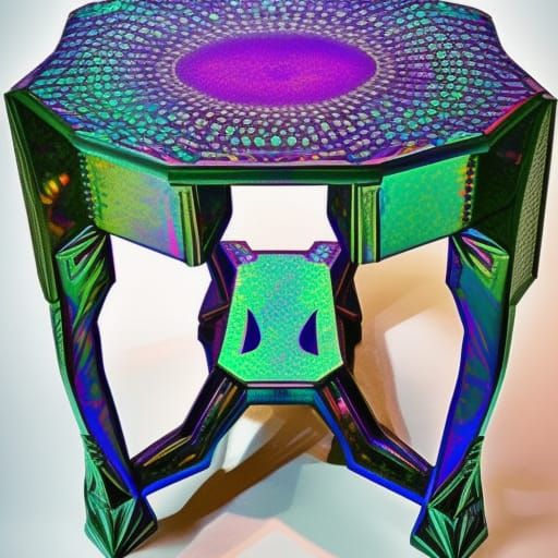 Purple holographic table with cobalt blue holographic accents& Emerald green holographic accents& gothic vibes& ethereal...