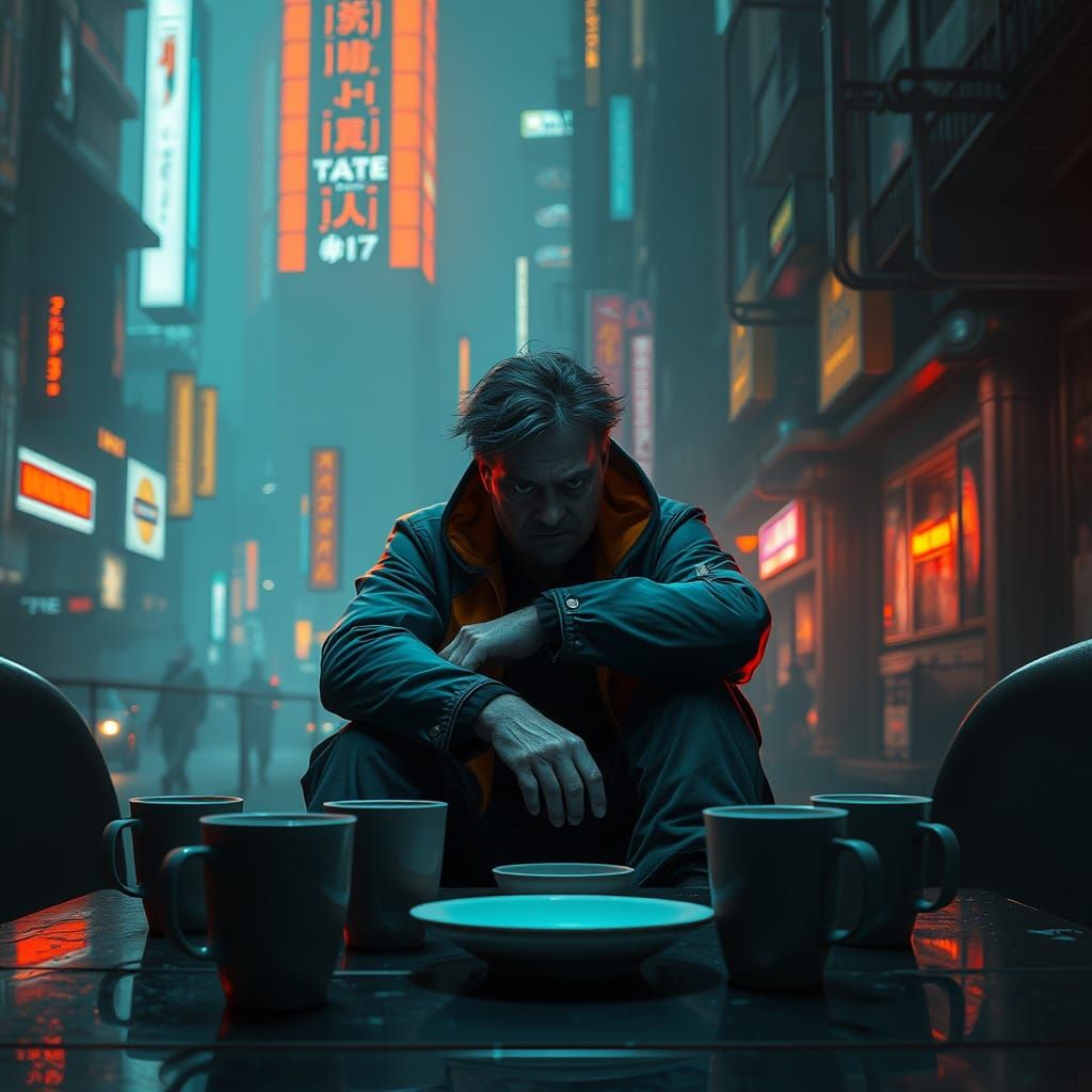 Grumpy Person in Cyberpunk Cityscape with Coffee