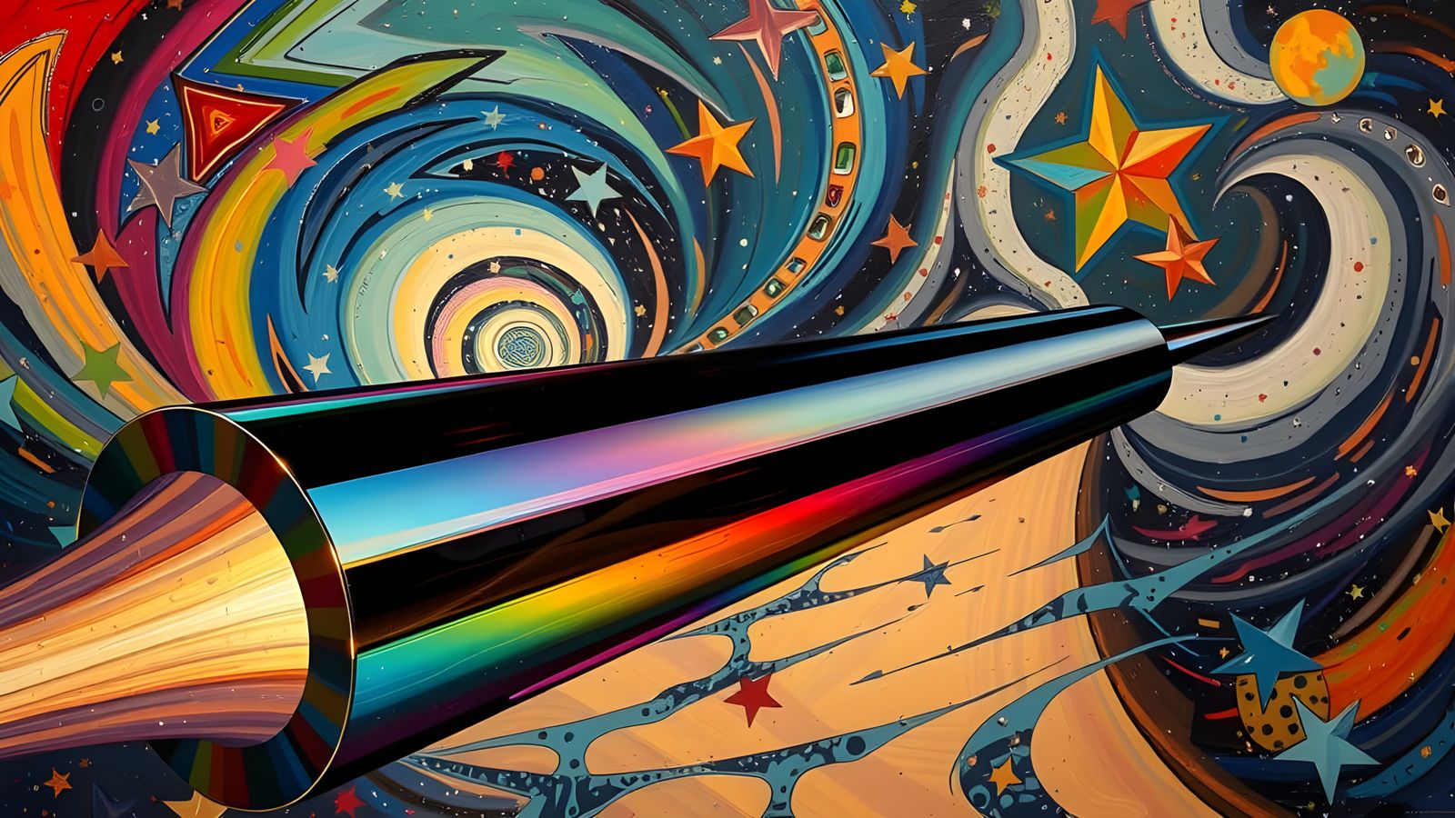 Sleek Rainbow Cylinder with Vortex Paint Stars