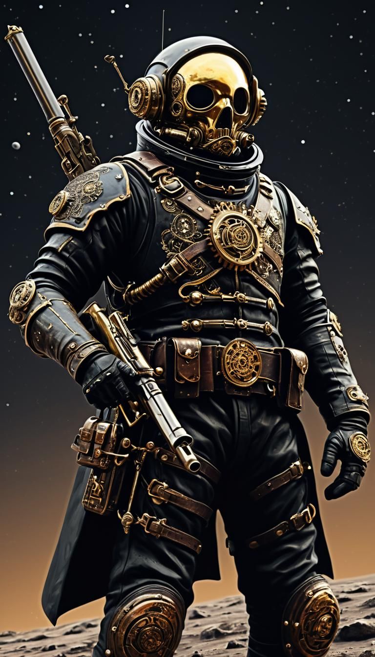 Wanted poster of a Space Pirate in Black space suite  on Moo...