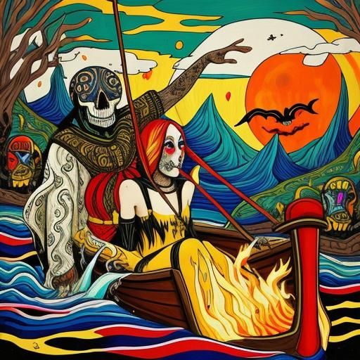 Charon Ferries a Soul in Folk Art Style
