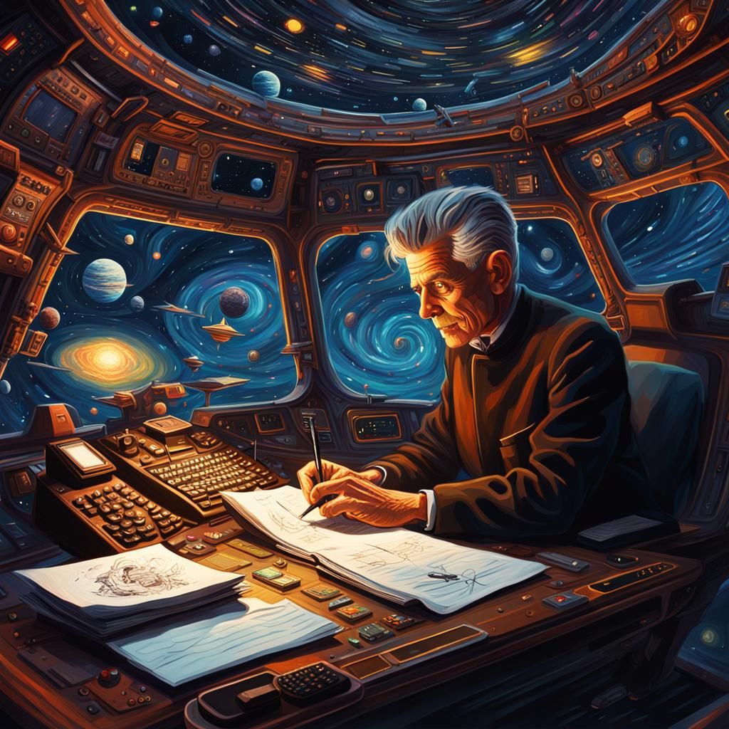 Android Samuel Beckett Writing on Starship in Sci-Fi Style