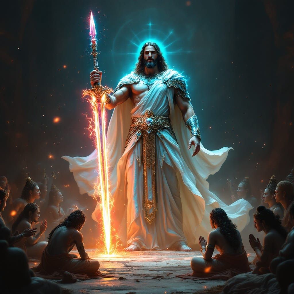 Jesus Christ as a Warrior in Iridescent Opal Armor with Hind...