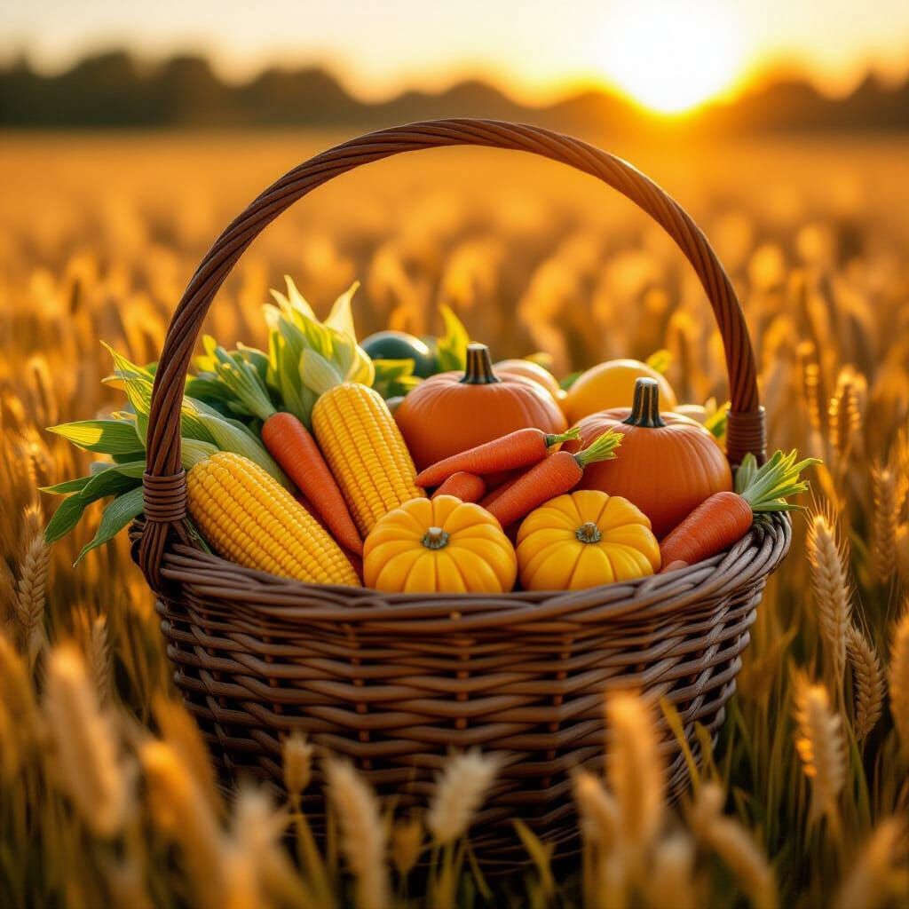 Autumn Harvest Vegetables in Wooden Basket at Sunset