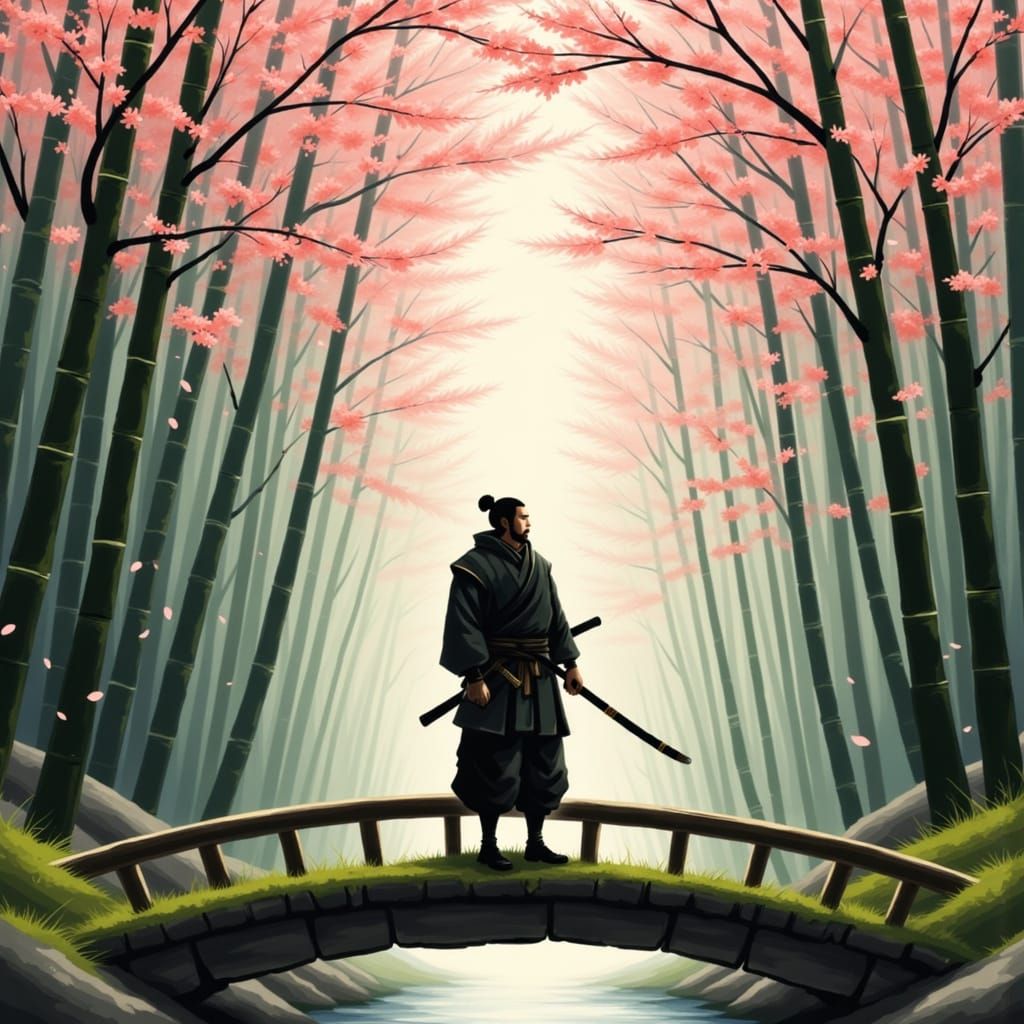 Samurai in Bamboo Forest with Cherry Blossoms