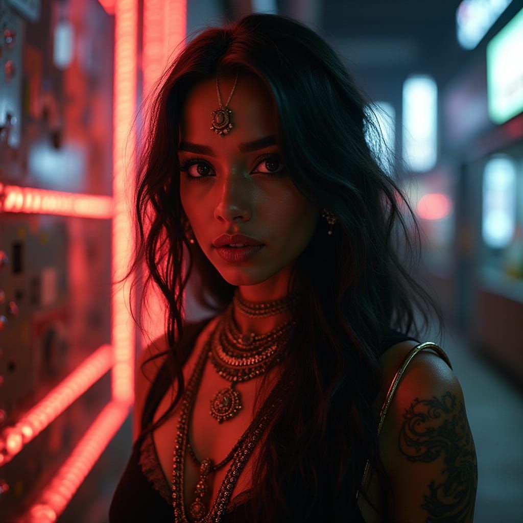 Ethereal Indian Goddess in Neon-Lit Futuristic Landscape