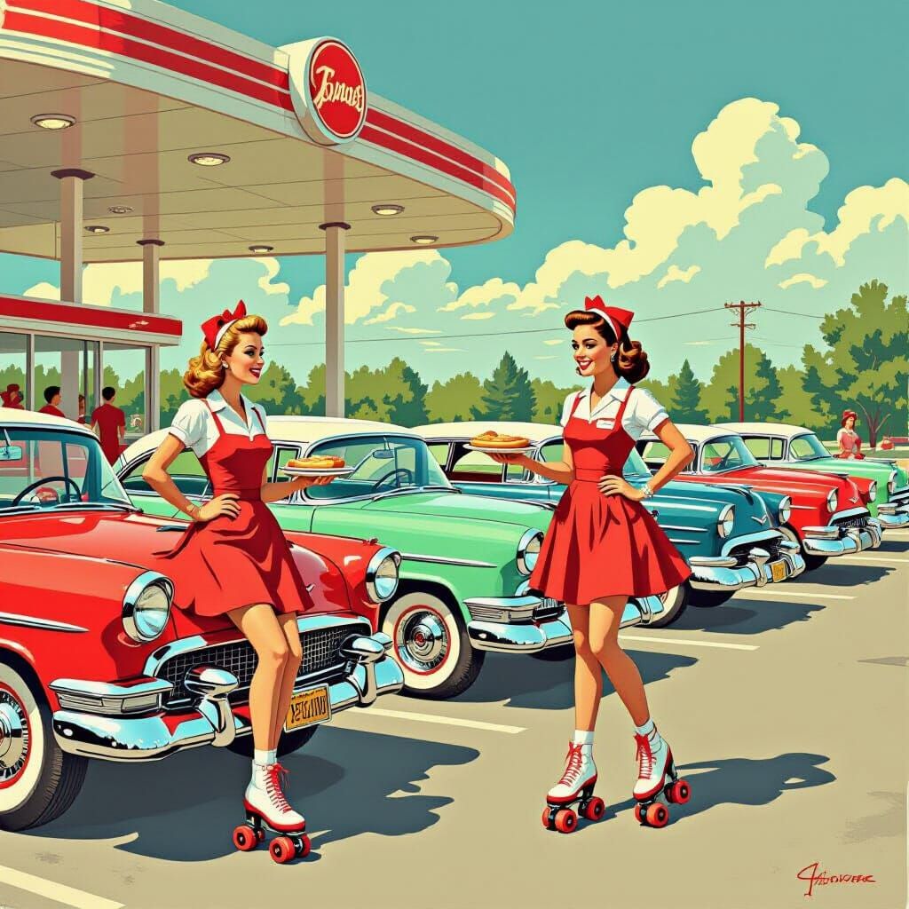 1950s Burger Drive-In with Roller Skating Waitresses