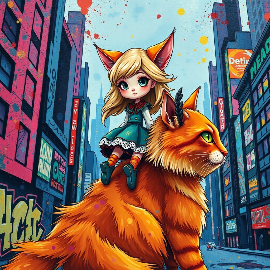 Vibrant Thumbelina Rides Majestic Orange Cat in Kaleidoscopi...