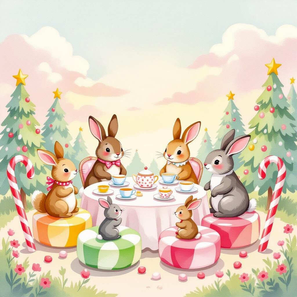 Animals Enjoy Tea Party on Gumdrops with Candy Cane Trees